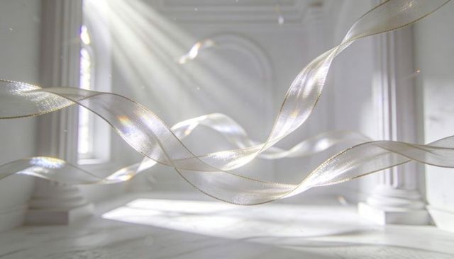 Ethereal sheer ribbons floating through sunlit neoclassical marble hall with arched windows