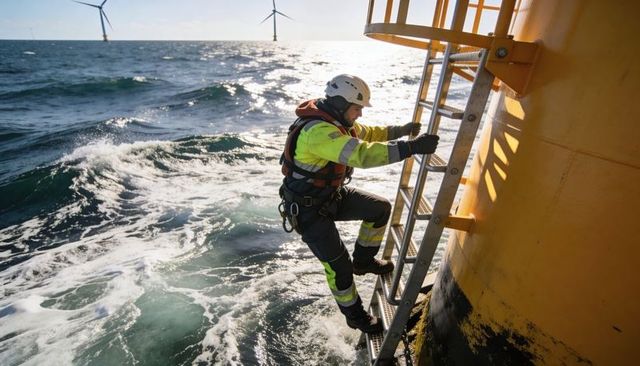 Offshore technician climbing ladder on yellow turbine platform amid rough sea maintenance