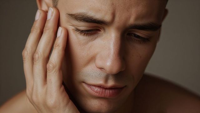 Pensive young man touching cheek closeup showing skin texture, freckles and emotion