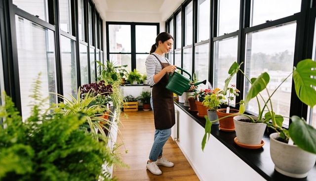 Woman watering indoor plants in sunlit conservatory tending lush potted garden