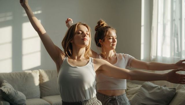 Sunlit morning stretching two friends enjoying gentle stretch in cozy living room