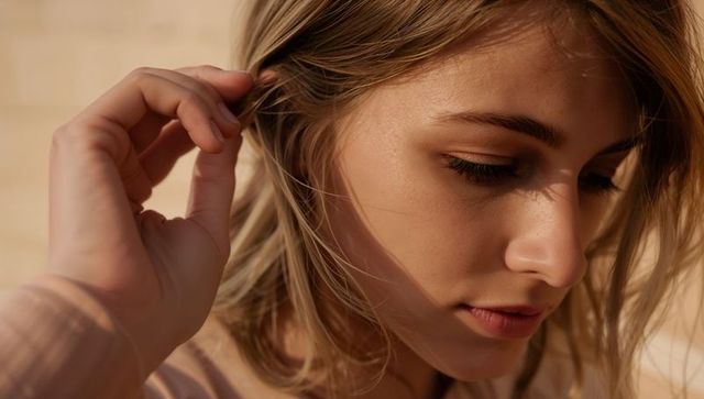 Soft natural light portrait young woman tilting head down, hand touching hair closeup