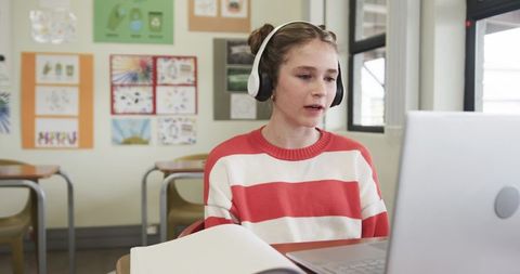 Girl E-Learning School Listening Speaking Headphones