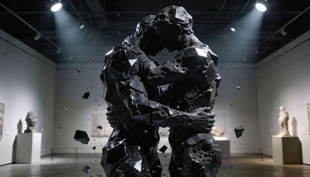 Embracing faceted black sculptures shattering into shards under dramatic gallery spotlights