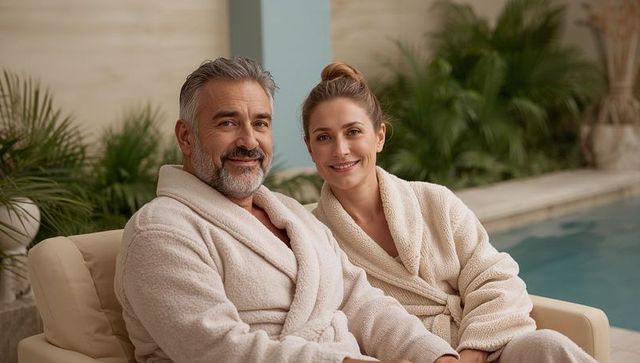 Couple relaxing poolside in matching cream plush robes on tropical patio lounge