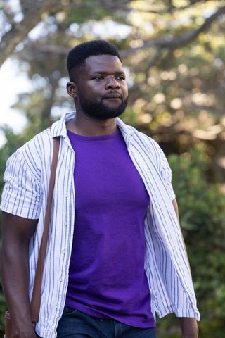 Confident african american man standing in sunlit park wearing purple tee and striped shirt
