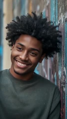 Smiling young man leaning on graffiti wall reacting to offscreen video call vertical urban portrait