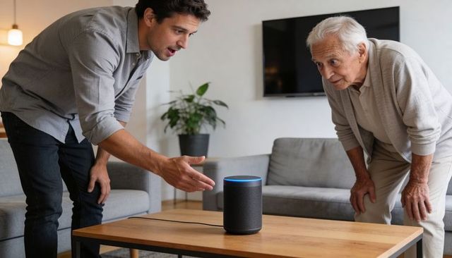 Adult son helping elderly father using smart speaker voice assistant in cozy living room