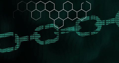 Futuristic blockchain network with binary code and hexagonal pattern