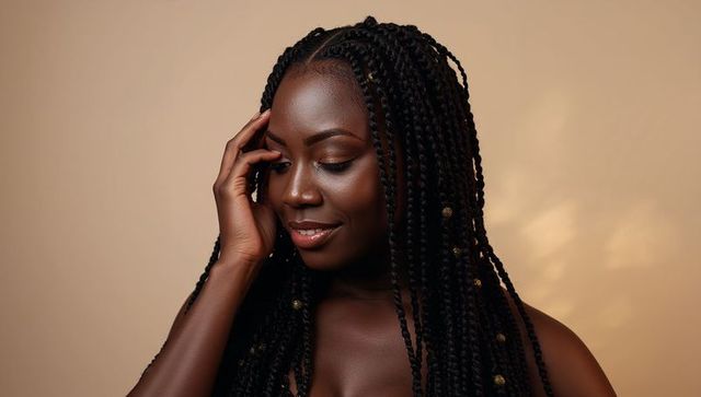 Elegant african american woman posing with long braids, gold cuffs and glowing warm skin