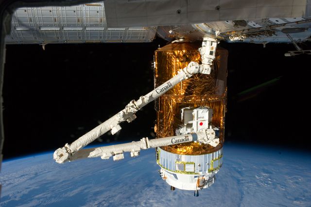 ISS032-E-010855 (29 July 2012) --- The Japan Aerospace Exploration Agency (JAXA) H-II Transfer Vehicle (HTV-3), currently attached to the Earth-facing port of the International Space Station's Harmony node, is featured in this image photographed by an Expedition 32 crew member on the station. Earth’s horizon and the blackness of space provide the backdrop for the scene.