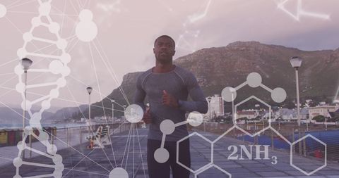 Man jogging along beach promenade with scientific overlay