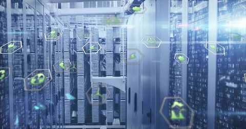Eco Icons Overlay on Server Room Technology - Download Free Stock Images Pikwizard.com