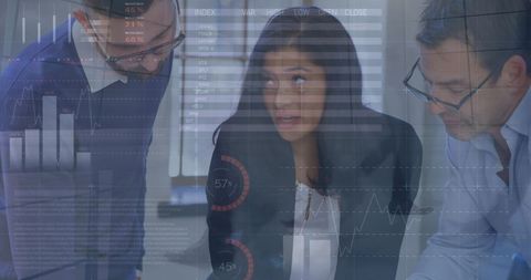 Business team analyzing data charts globally