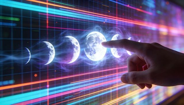 Touching Holographic Lunar Phases on Neon Grid Interface, Futuristic Moon Cycle Selection