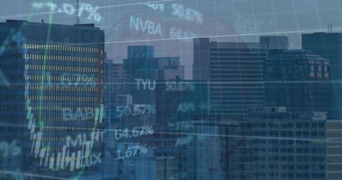 Digital financial data overlaying urban city skyline