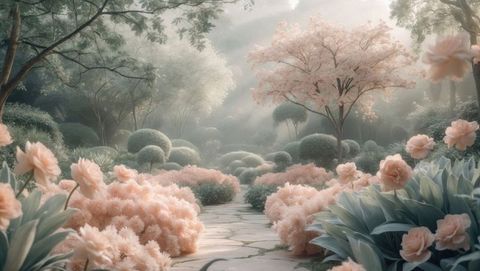 Misty stone pathway through enchanting pastel garden, garden of eden concept