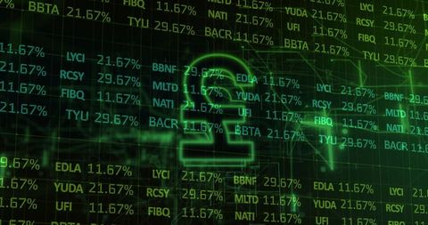 Glowing pound symbol with digital stock ticker and green data stream