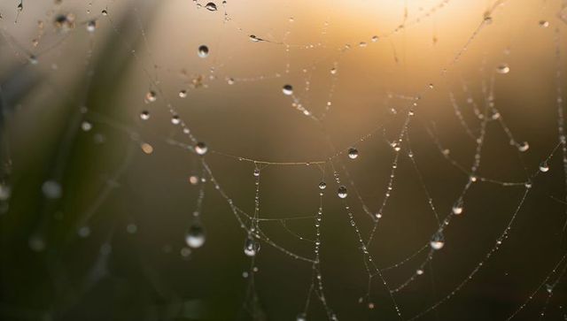 Dew-covered spider web at sunrise with backlit water droplets and soft golden bokeh