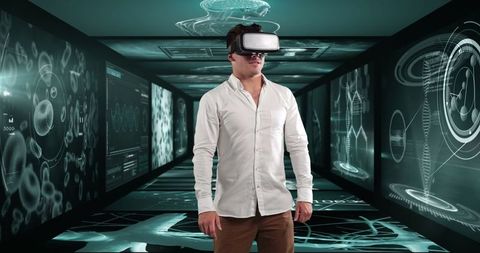 Businessman Experience Virtual Reality with Medical Data Visualization