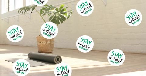 Rolled black yoga mat resting in sunlit minimalist studio with monstera and stay natural labels