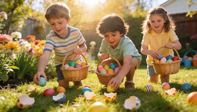 Kids collecting colorful easter eggs in sunlit backyard garden with wicker baskets