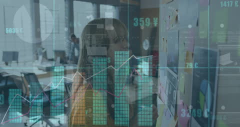 Team Analyzing Financial Data and Market Trends with Innovative Tech Overlay