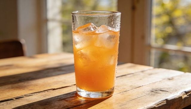 Sunlight warming iced orange cocktail with ice cubes and orange twist on rustic wooden table