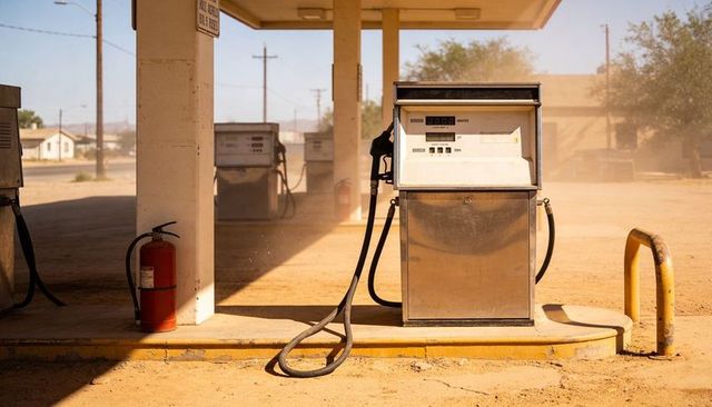 Sunlit desert gas pump standing on dusty concrete island with fire extinguisher and canopy