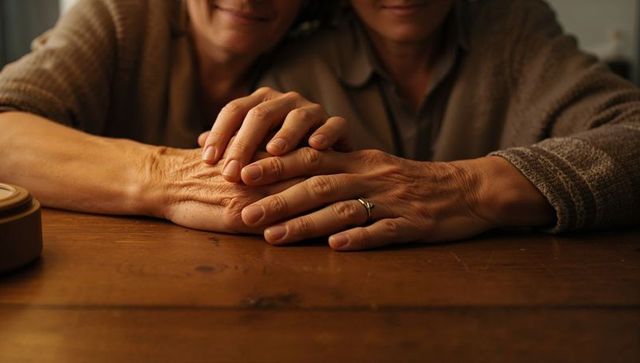 Senior women holding hands on worn wooden table warm intimate companionship closeup
