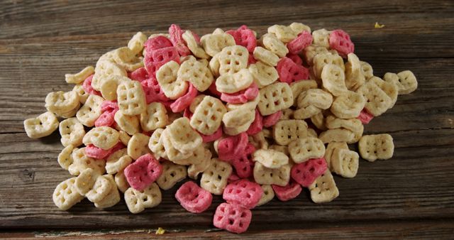 Colorful Crispied Waffle Shape Cereals on Wooden Surface - Download Free Stock Images Pikwizard.com