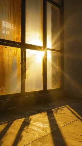 Sunlight streaming through mullioned window casting golden dust and long floor shadows
