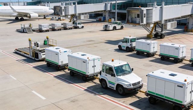 Airport ground tug hauling enclosed cargo dollies across apron near jetbridge, terminal gates