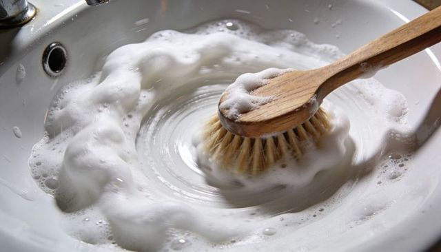 Wooden dish brush scrubbing foamy porcelain basin, creating swirling suds and motion