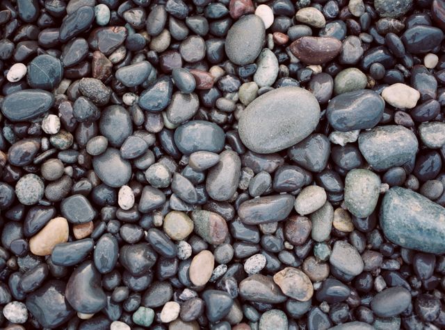 Closeup of various colorful pebbles on a beach shore. Perfect for settings that involve outdoor themes, natural backgrounds, or geological educational materials. Can be used as a texture for design projects or relaxation visuals.