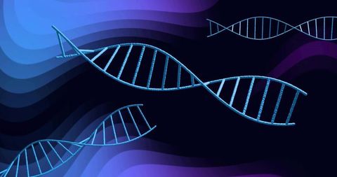 Glowing blue dna helix floating over abstract indigo and purple waves for genetics