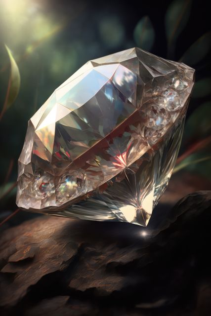 Captivating close-up of a brilliantly cut diamond resting on a natural surface, glistening under light in a forest background. Perfect for showcasing the beauty and value of precious gemstones, jewelry advertisements, luxury brand promotions, and nature-inspired themes.