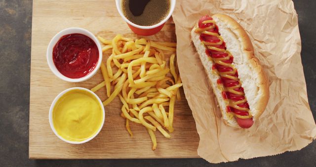 Hot dog topped with ketchup and mustard, served with fries and small cups of ketchup and mustard on wooden board. Straightforward fast food, ideal for illustrating quick meals, takeout options, American cuisine, snack foods, or casual dining imagery.