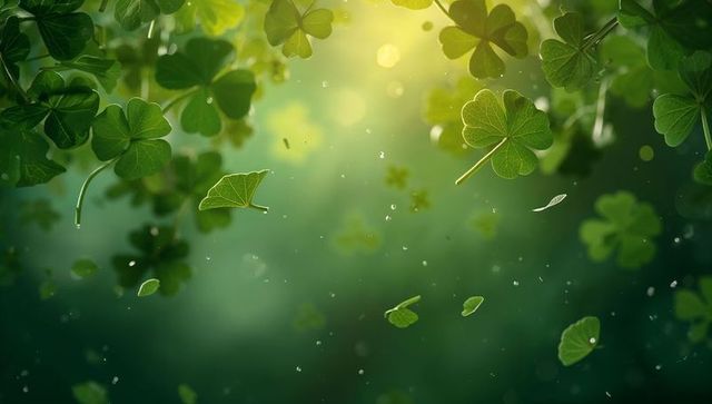 Sunlit drifting clover leaves floating through verdant forest with dewy droplets and bokeh