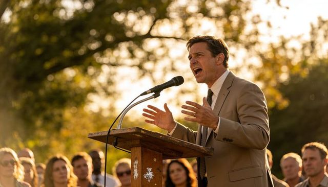 Middle-aged man delivering impassioned outdoor speech at podium during golden hour