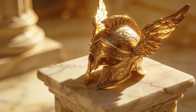 Ornate gold winged helmet resting on marble pedestal, warm sunlight, dust motes