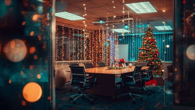 Festively decorated office meeting room with christmas lights and tree