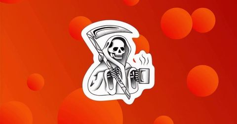 Grim reaper sipping coffee holding scythe sticker on red-orange gradient with bokeh