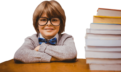 Happy Boy with Glasses Sitting by Stack of Books on Transparent Background