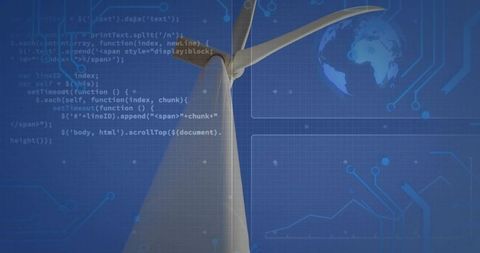 Wind Turbine on Digital Energy Blueprint with Code Overlay