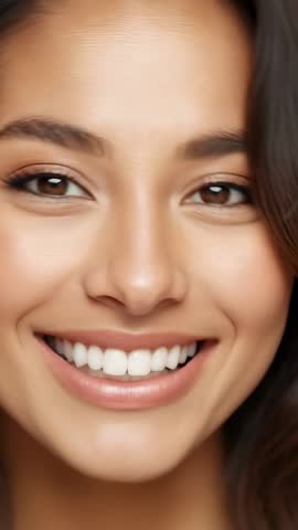 Smiling Woman Tilting Head Toward Camera in Vertical Studio Close-Up Video