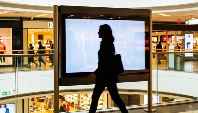 Silhouetted woman walking past blank digital display in modern shopping mall atrium