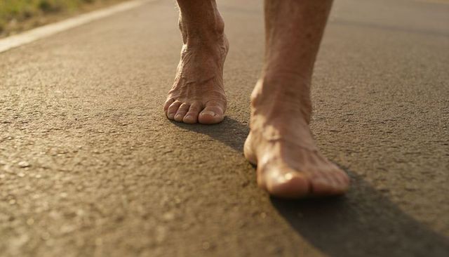 Barefoot senior walking on warm asphalt at golden hour with detailed pavement texture