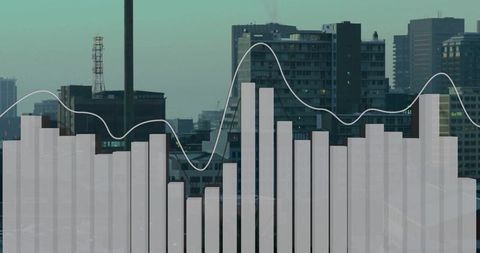 Urban data skyline: transparent vertical bars and trend line over city rooftop