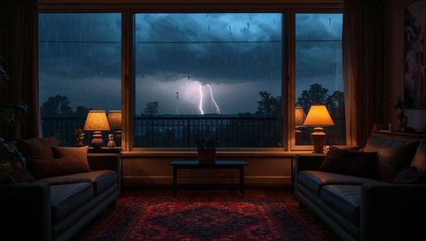 Cozy Living Room Framing Dramatic Lightning Storm Through Large Rain-Splattered Window